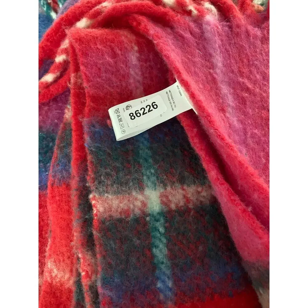 ANTHROPOLOGIE Blanket Tartan Wool Plaid Throw Fringed Red 50
